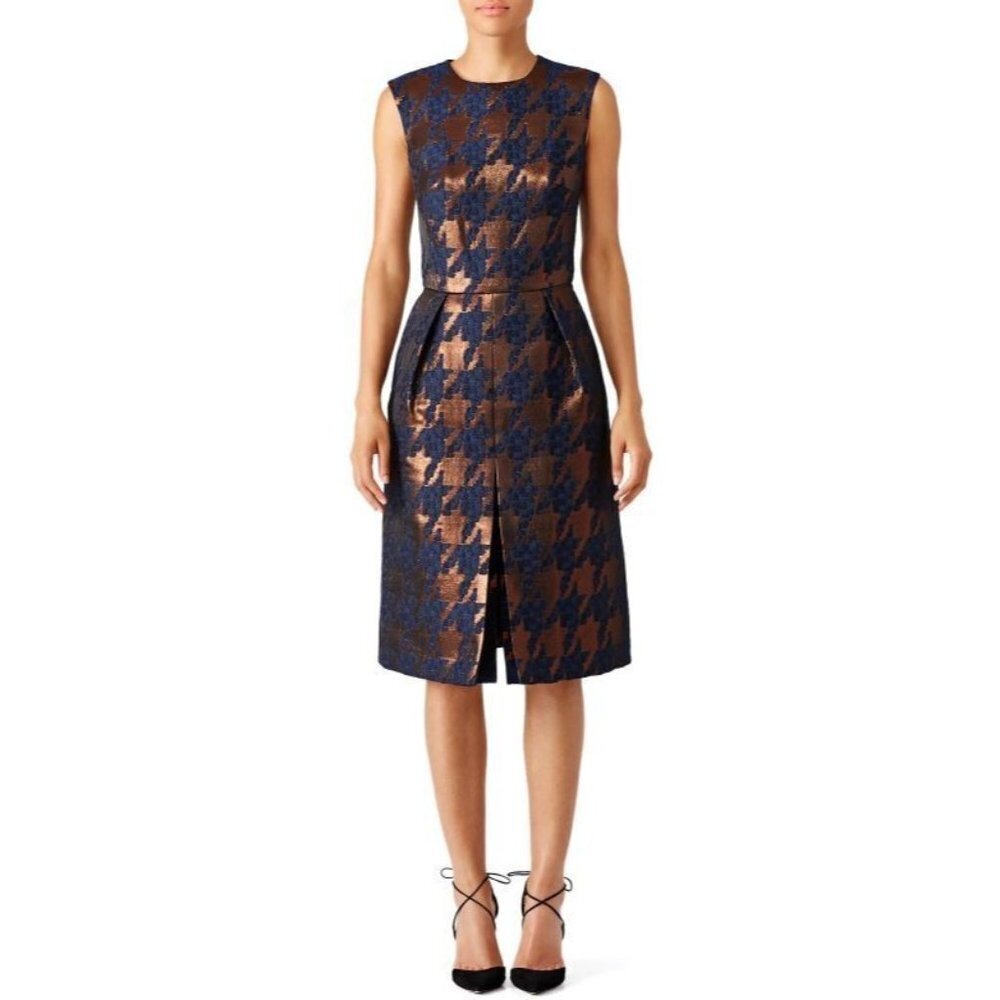 MARTIN GRANT Navy & Bronze Houndstooth Sleeveless Dress Size 36 Metallic
